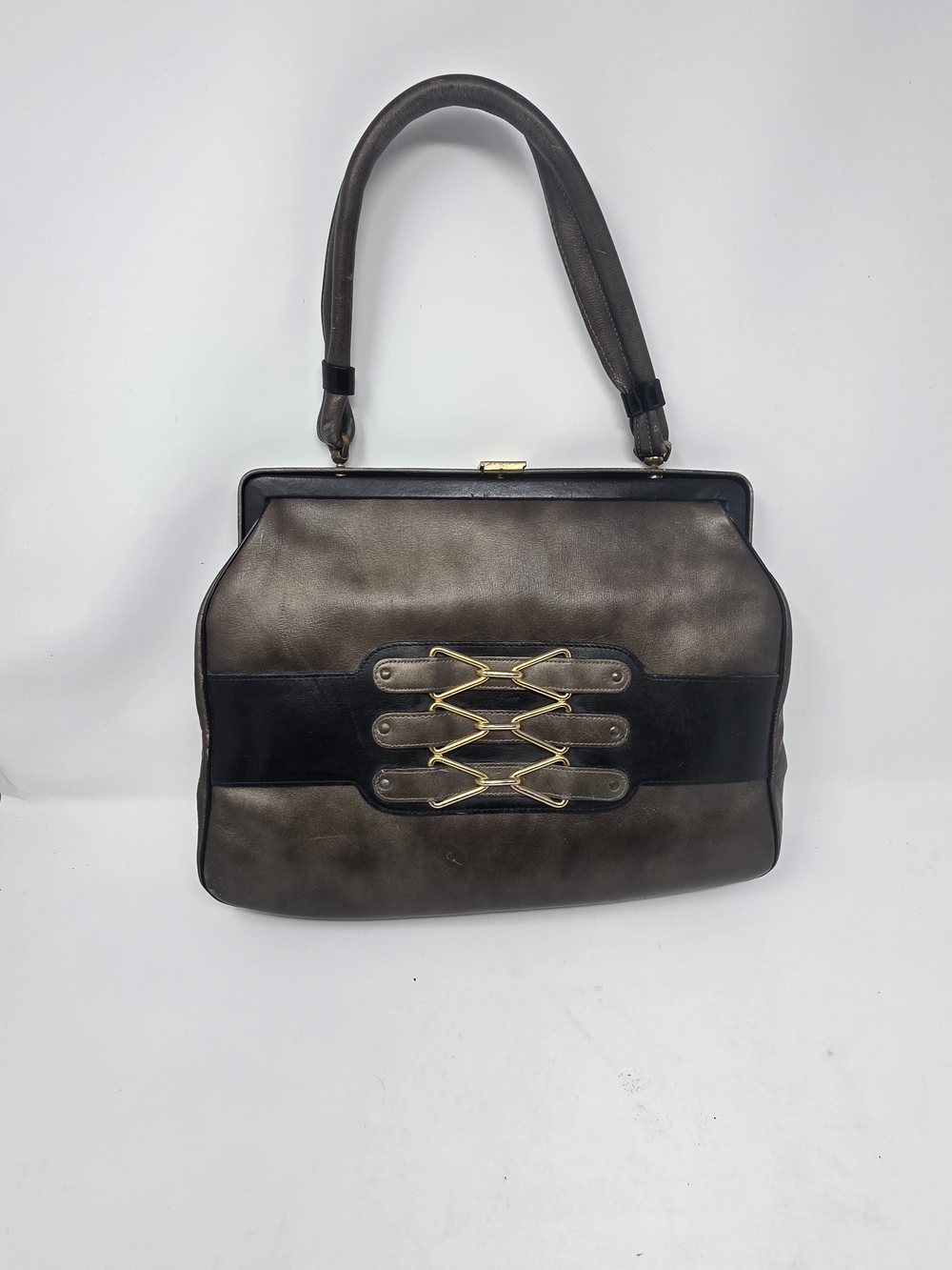Vintage By Continental Handcrafted Leather Frame Handbag Doctor Bag Two Tone Bag